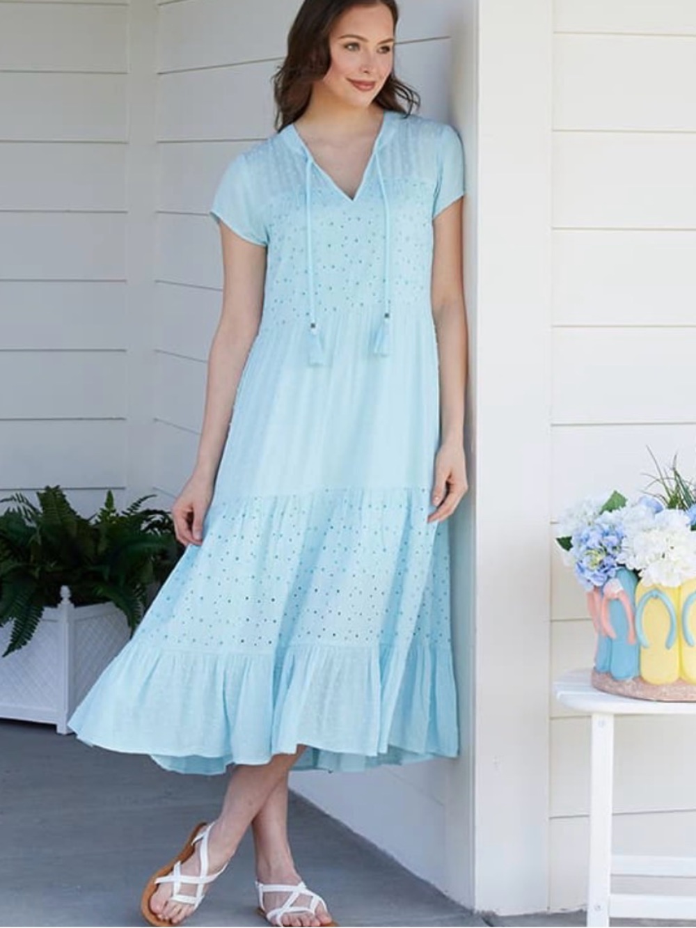 Kate and Sam Light Blue Eyelet Tiered Tassel Midi Dress